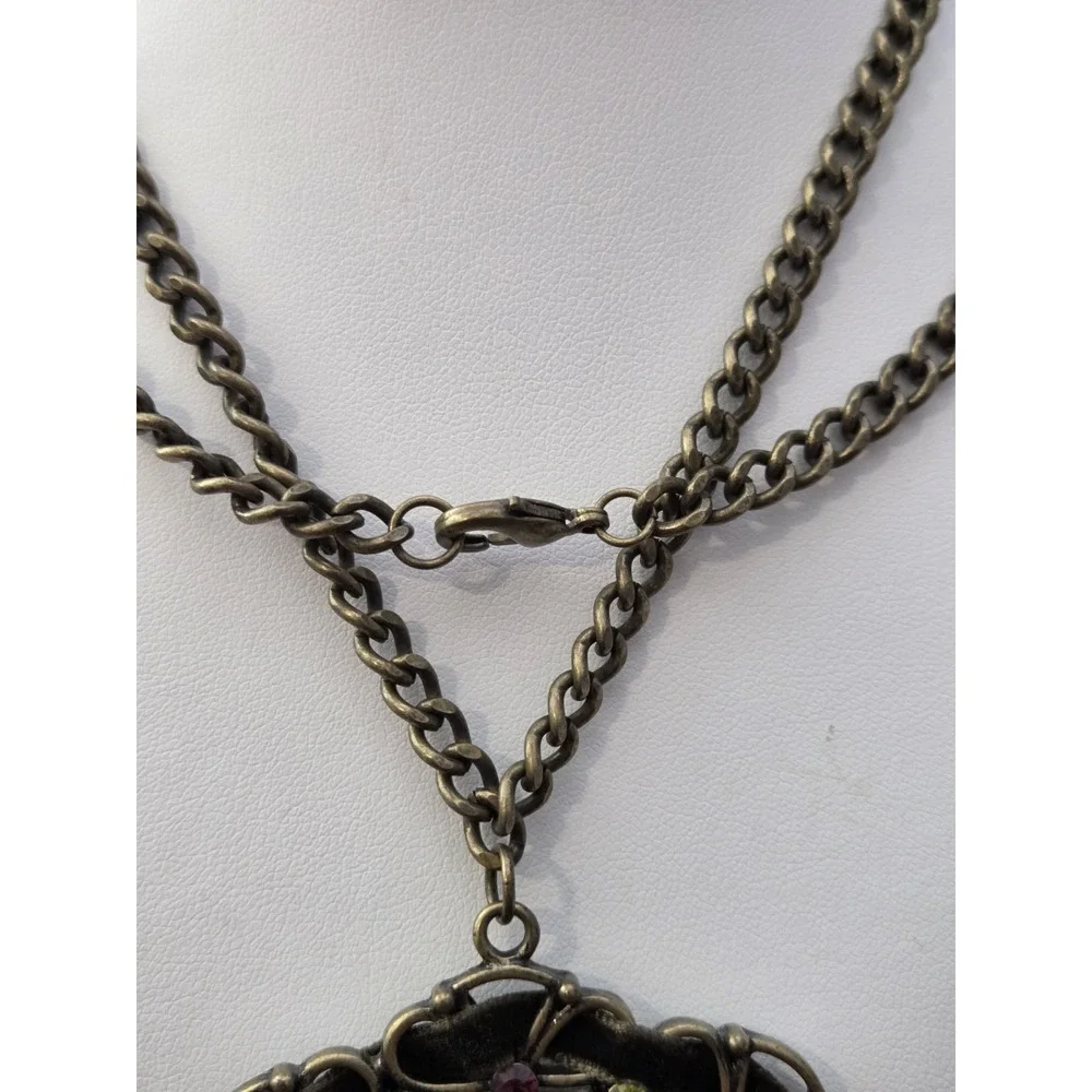 Owl Pendant Statement Necklace Faux Jade Bronze Tone Chain Ribbon‎ Rhinestones